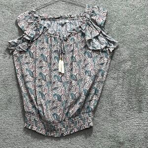 Rose Olive Shirt Women's Small White‎ Floral Layona Ruffle Sleeveless Pullover